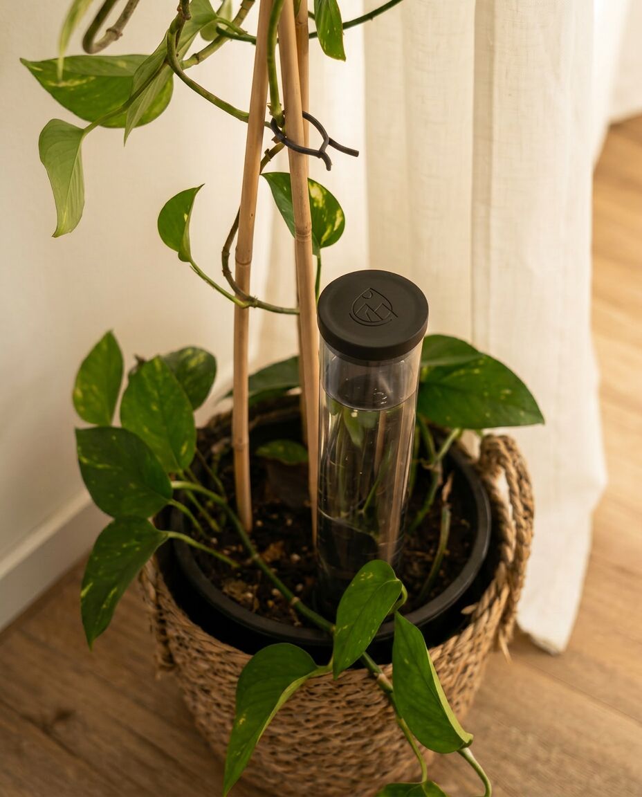 RootBeacon automatic plant waterer installed in a monstera houseplant by a sunlit window